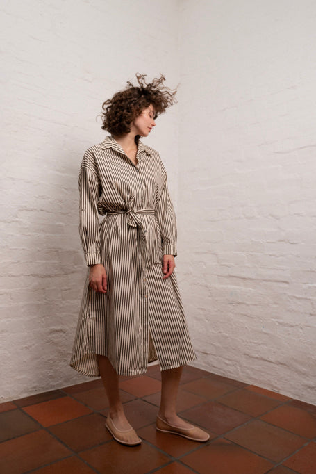 Midi Shirt Dress | Brown Stripe